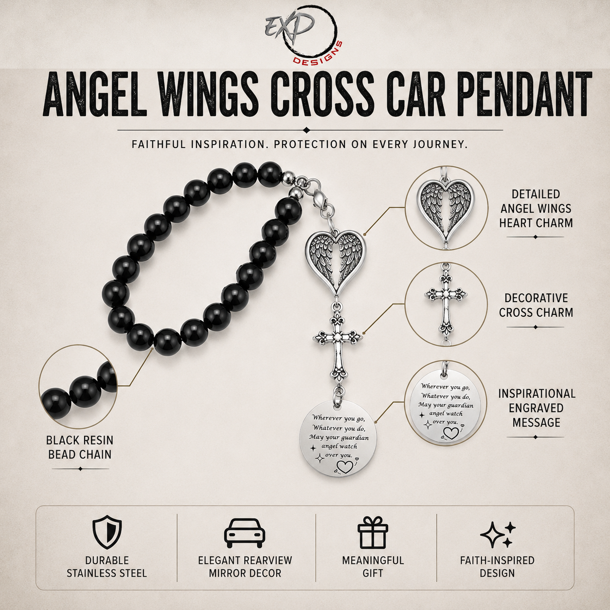 Angel Wing & Cross Car Hanging Pendant — Guardian Angel Blessing