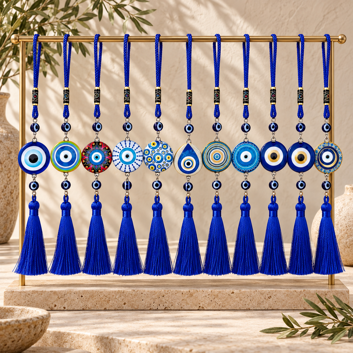 Blue Evil Eye Car Pendant with Tassel – Double-Sided Glass Hanging Charm