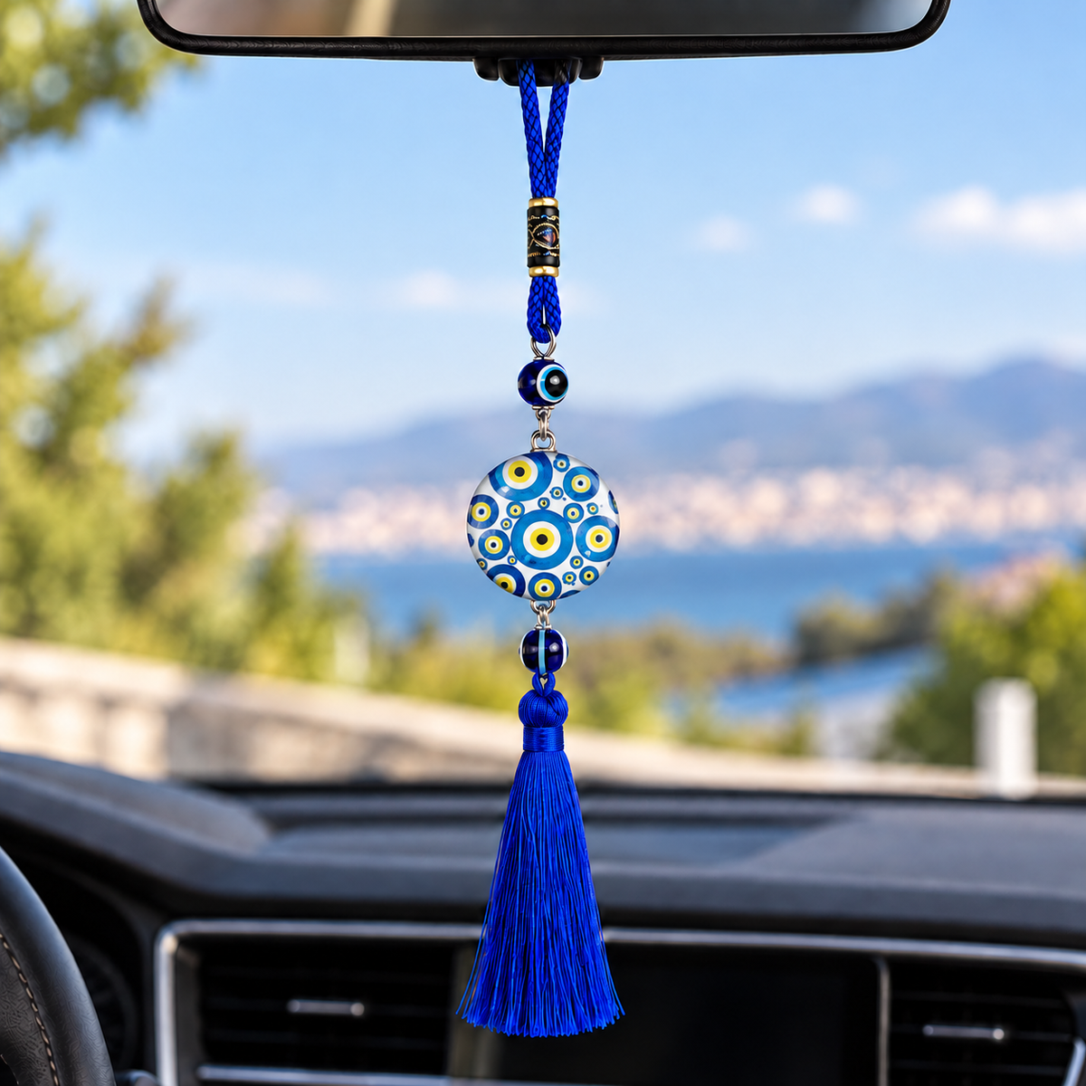 Blue Evil Eye Car Pendant with Tassel – Double-Sided Glass Hanging Charm