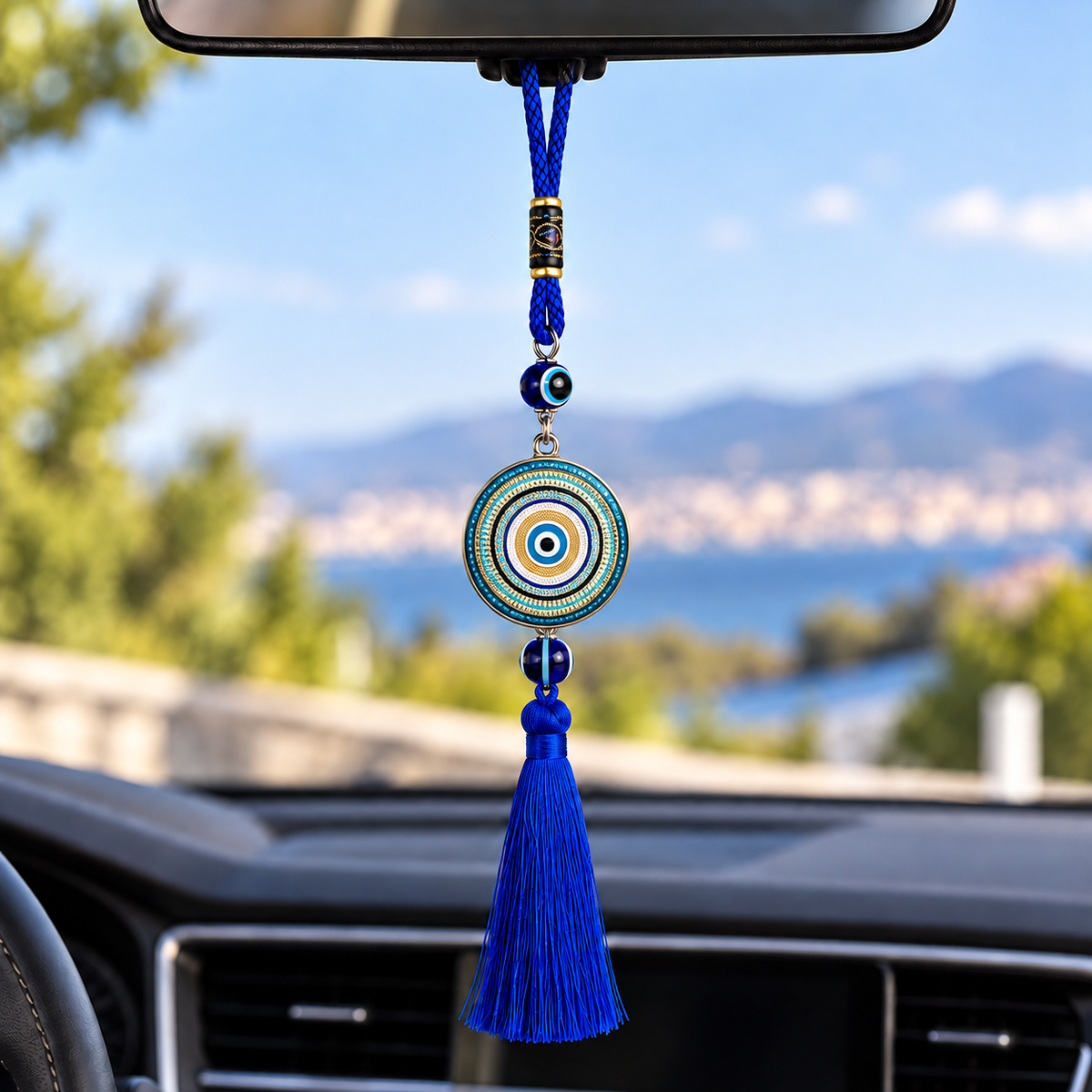 Blue Evil Eye Car Pendant with Tassel – Double-Sided Glass Hanging Charm
