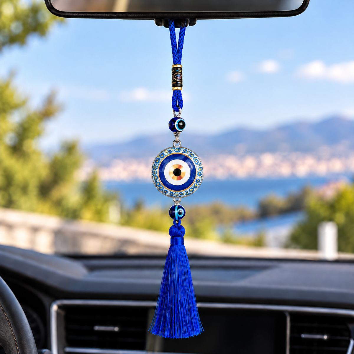 Blue Evil Eye Car Pendant with Tassel – Double-Sided Glass Hanging Charm