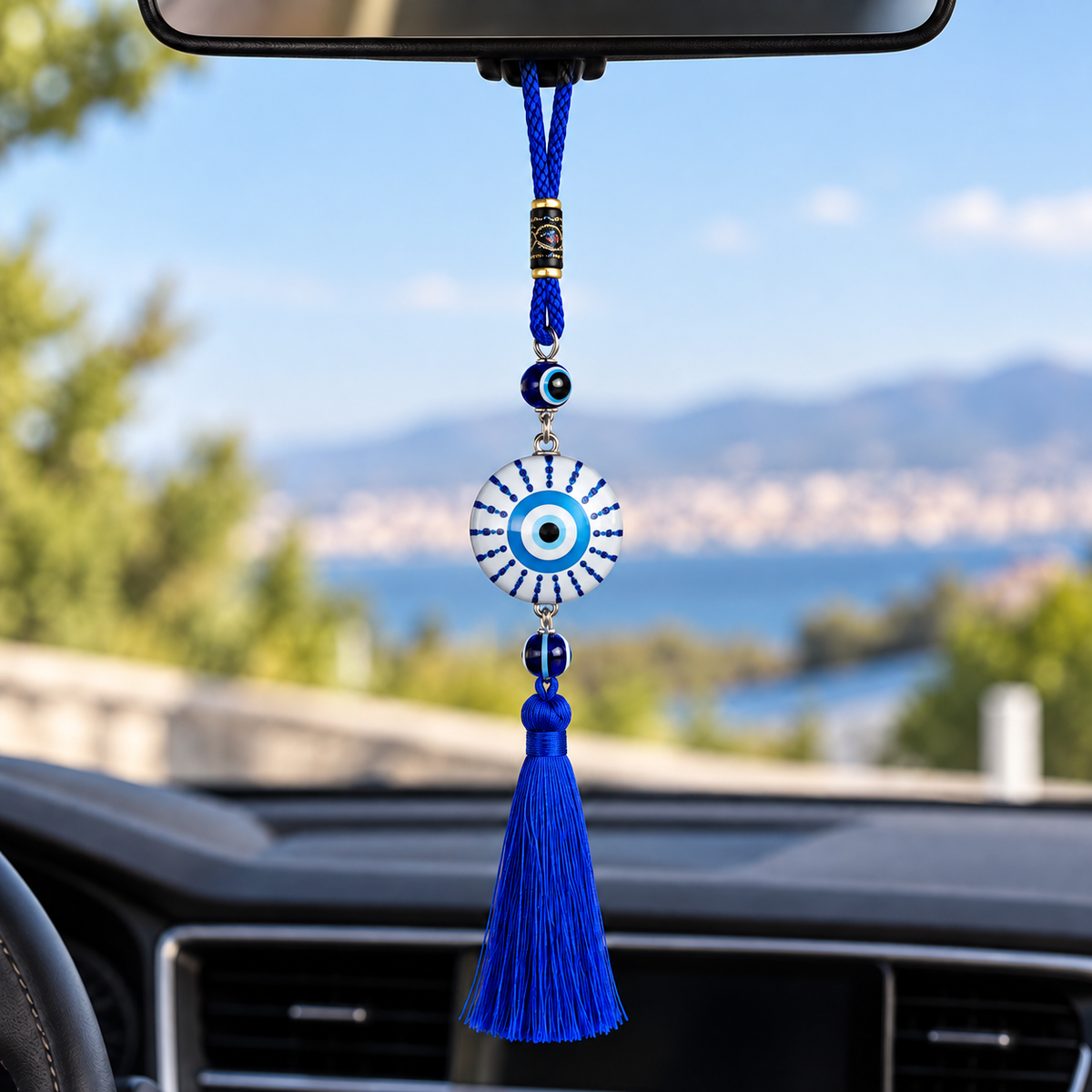 Blue Evil Eye Car Pendant with Tassel – Double-Sided Glass Hanging Charm