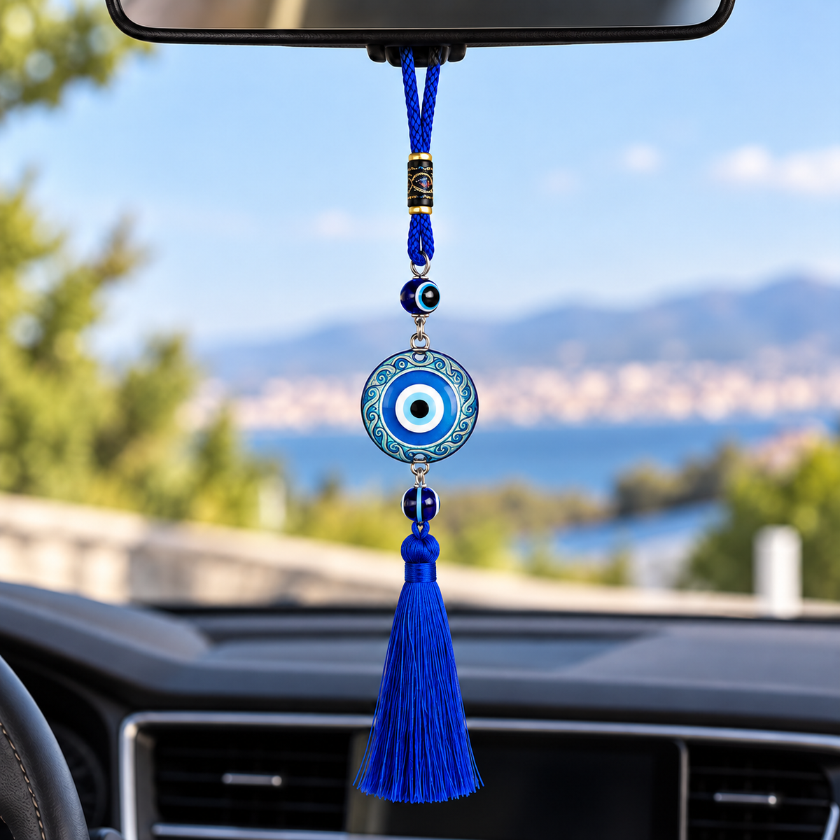 Blue Evil Eye Car Pendant with Tassel – Double-Sided Glass Hanging Charm