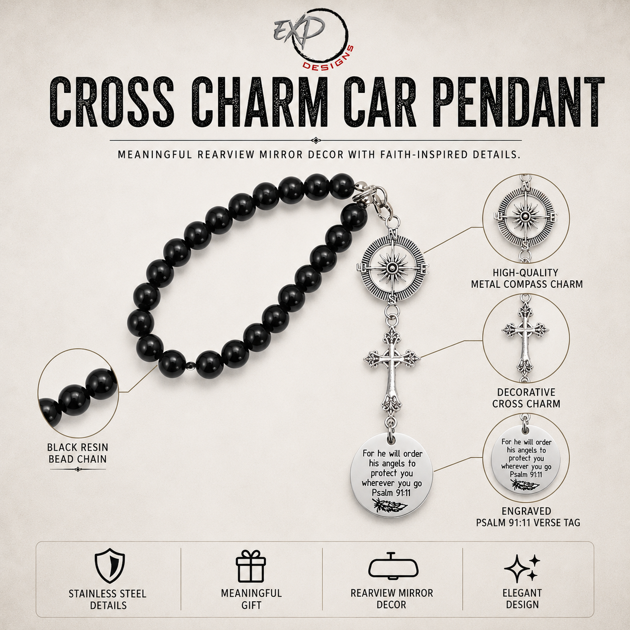 Compass & Cross Car Hanging Pendant — Psalm 91:11