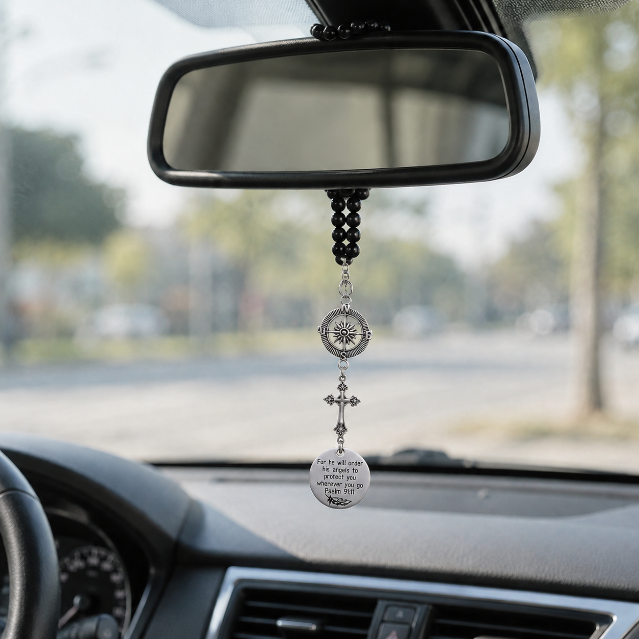Compass & Cross Car Hanging Pendant — Psalm 91:11