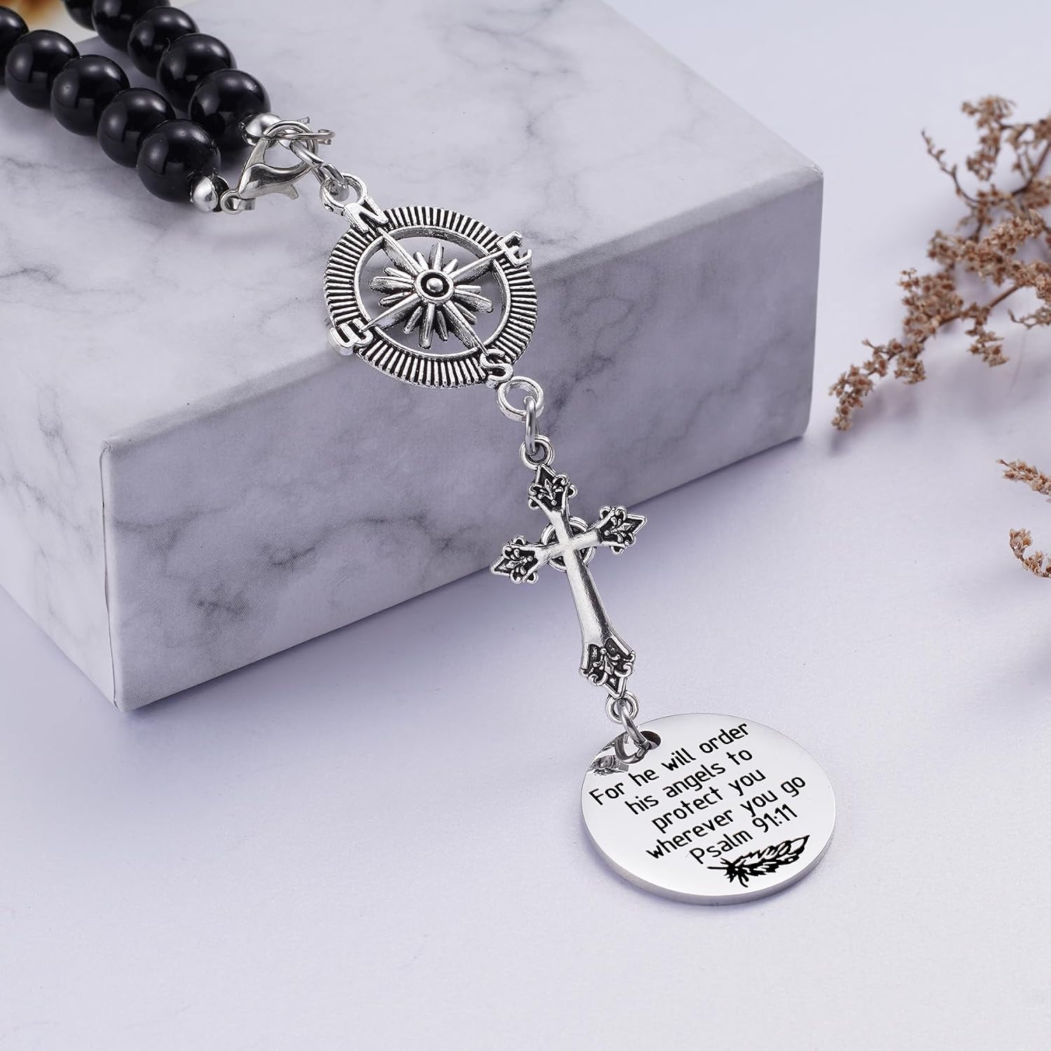 Compass & Cross Car Hanging Pendant — Psalm 91:11