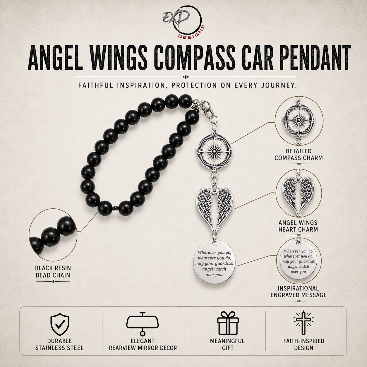 Compass, Wing & Cross Car Hanging Pendant — Guardian Angel Blessing
