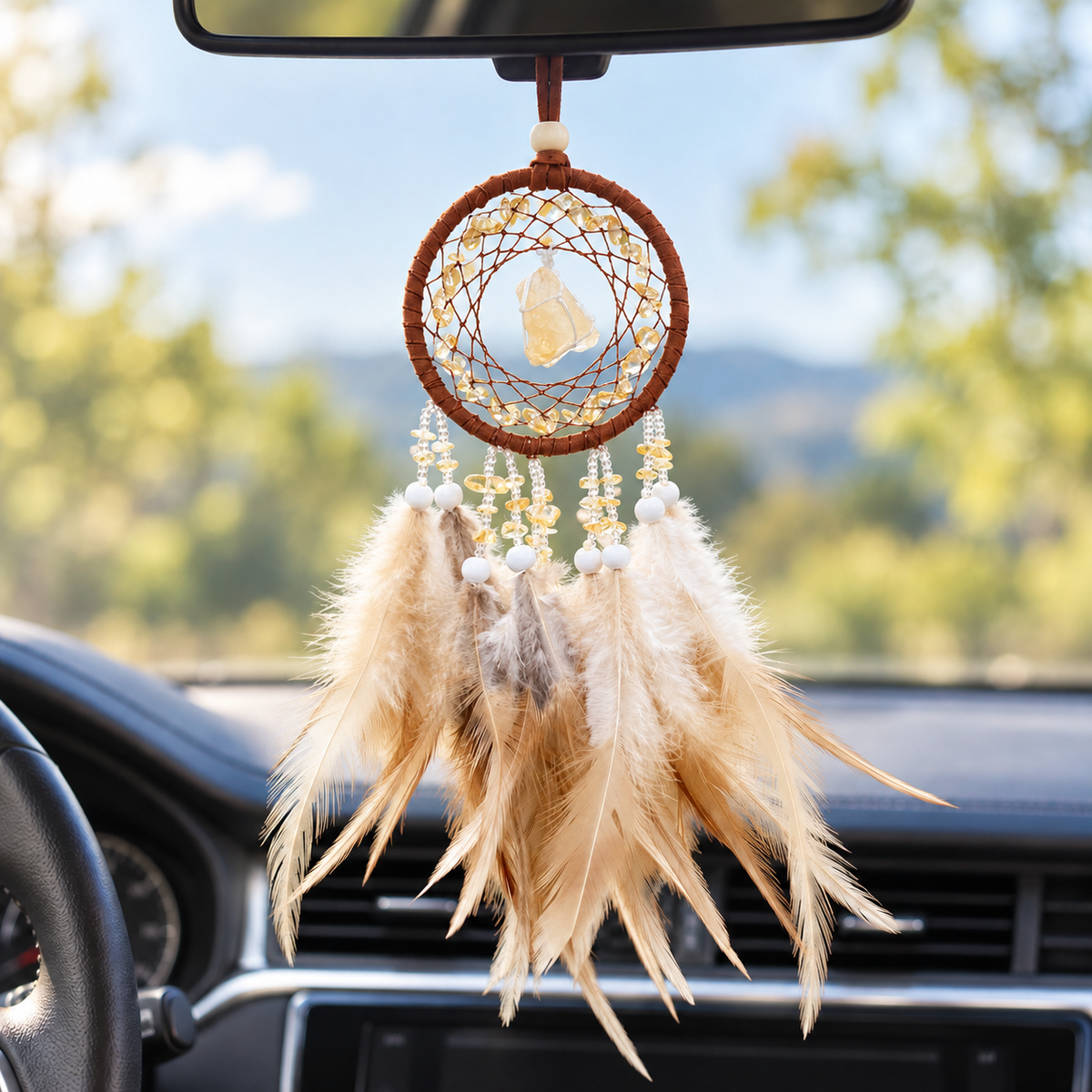 Handmade Mini Boho Dream Catcher Car Pendant with Feathers & Raw Crystal Stones
