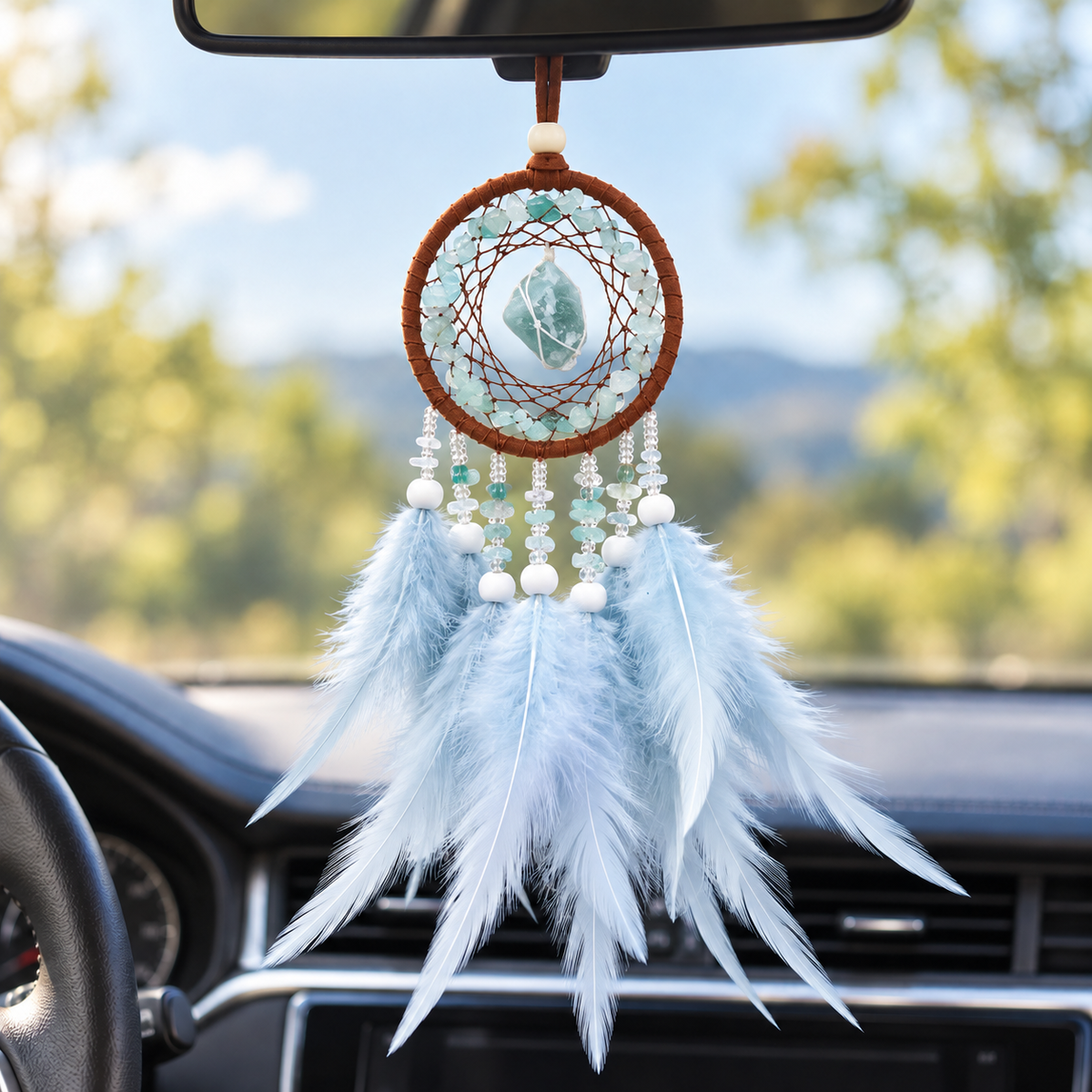 Handmade Mini Boho Dream Catcher Car Pendant with Feathers & Raw Crystal Stones
