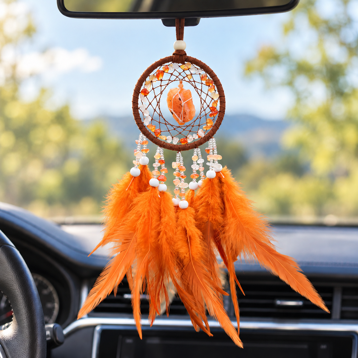 Handmade Mini Boho Dream Catcher Car Pendant with Feathers & Raw Crystal Stones
