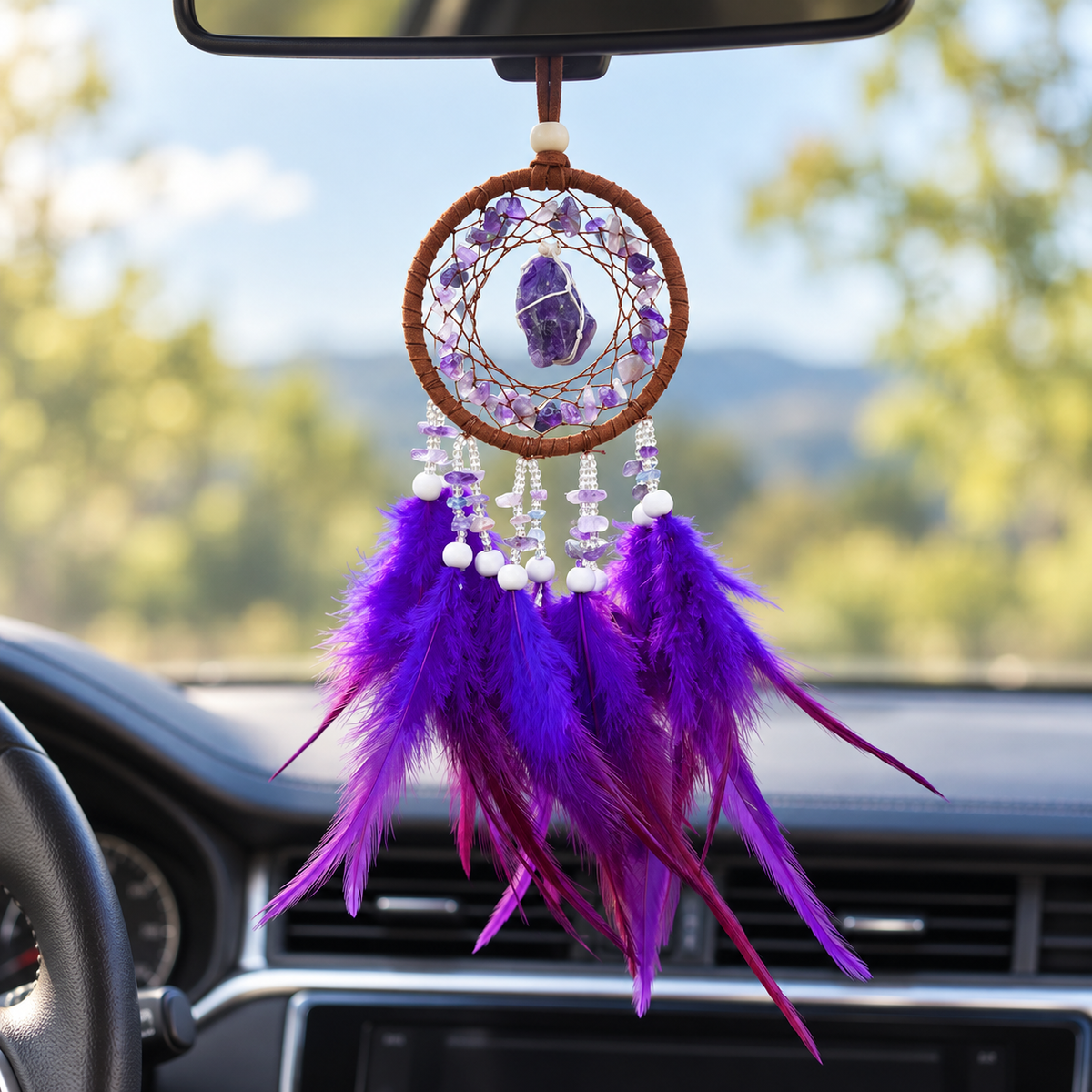Handmade Mini Boho Dream Catcher Car Pendant with Feathers & Raw Crystal Stones