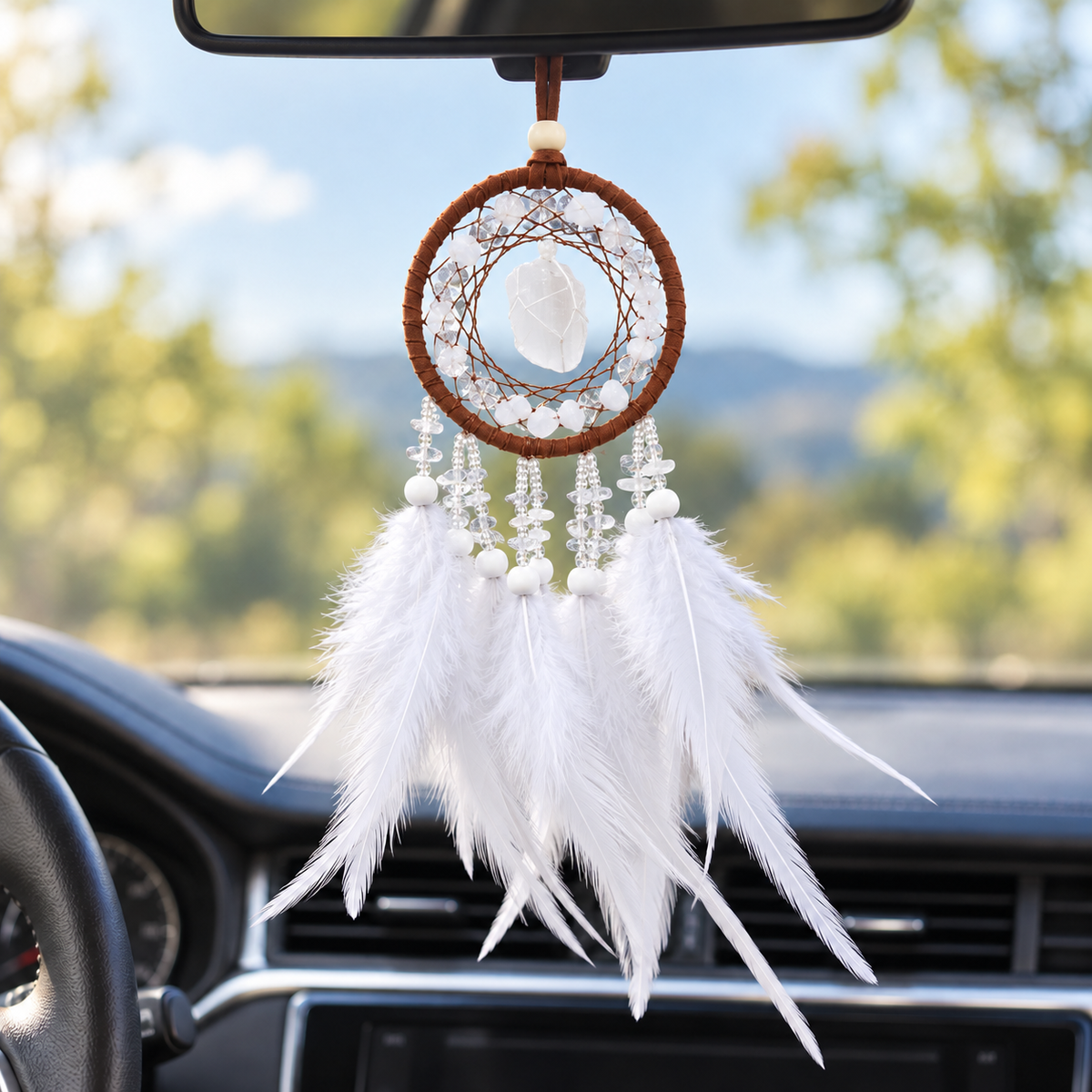 Handmade Mini Boho Dream Catcher Car Pendant with Feathers & Raw Crystal Stones
