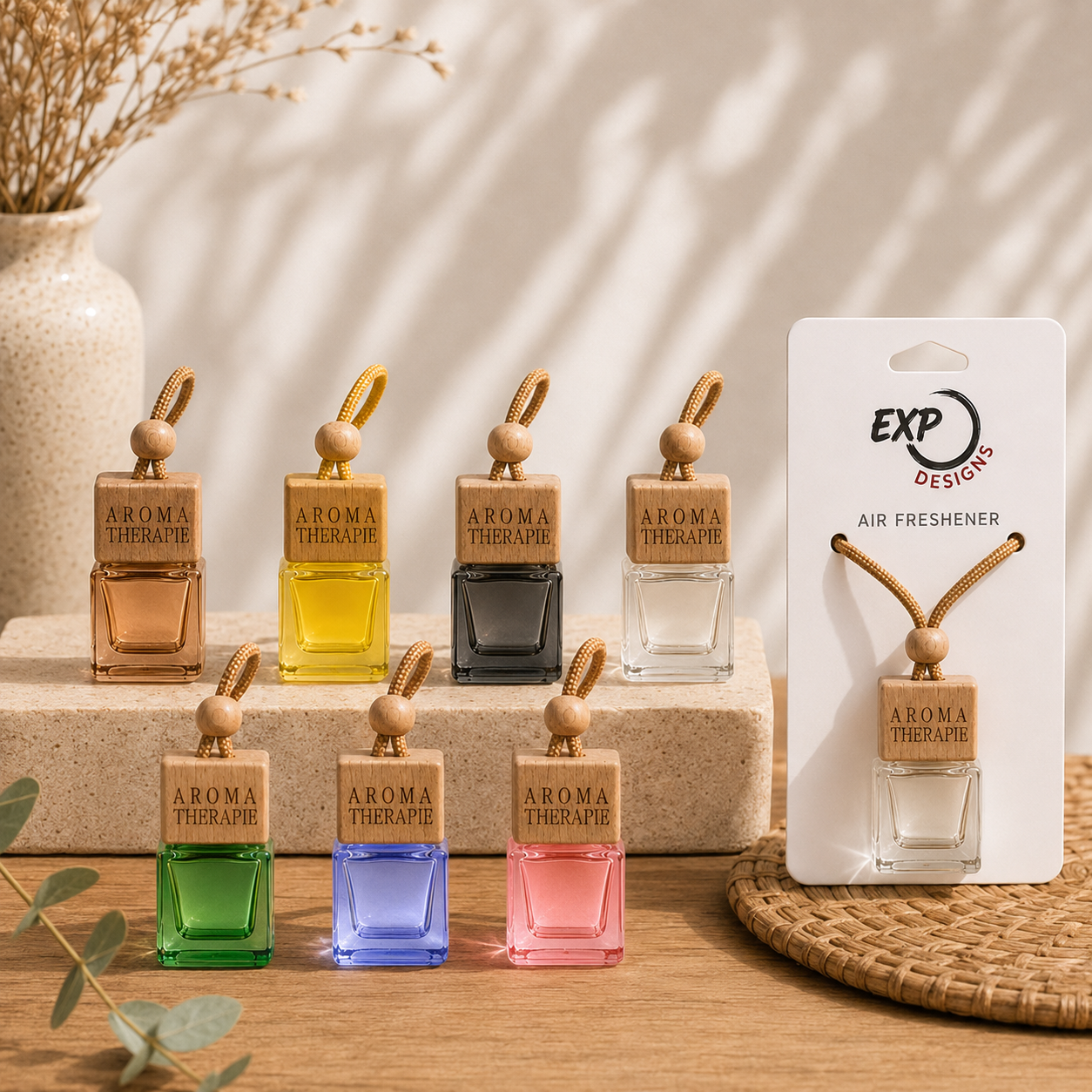Square Natural Wood Top Hanging Car Diffuser