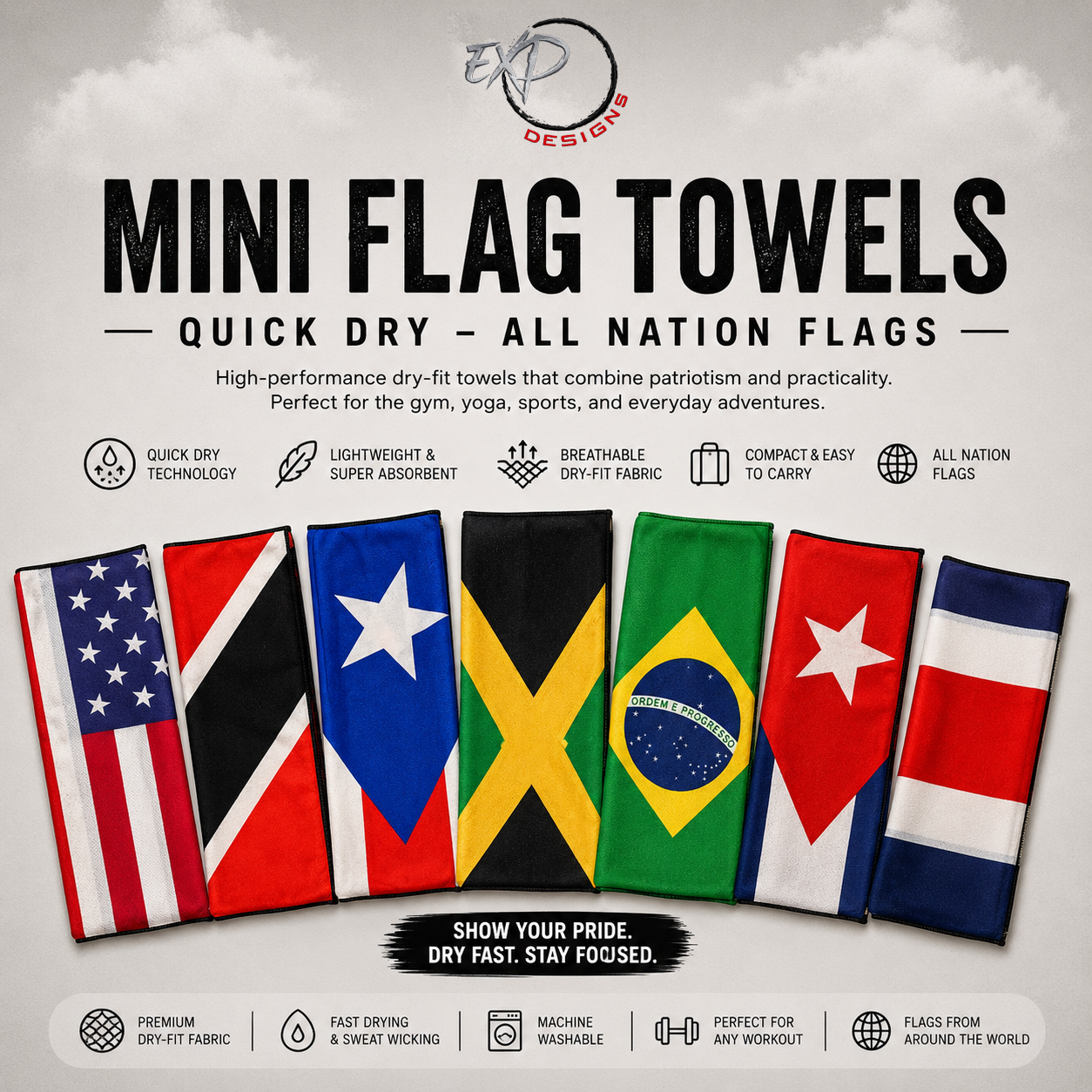 Mini Flag Towels - Quick Dry - All Nation Flags