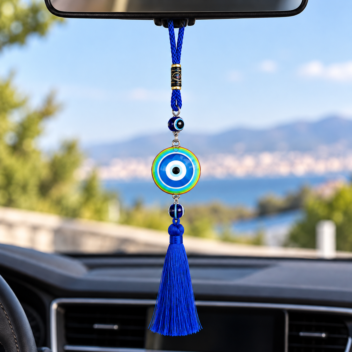 Blue Evil Eye Car Pendant with Tassel – Double-Sided Glass Hanging Charm