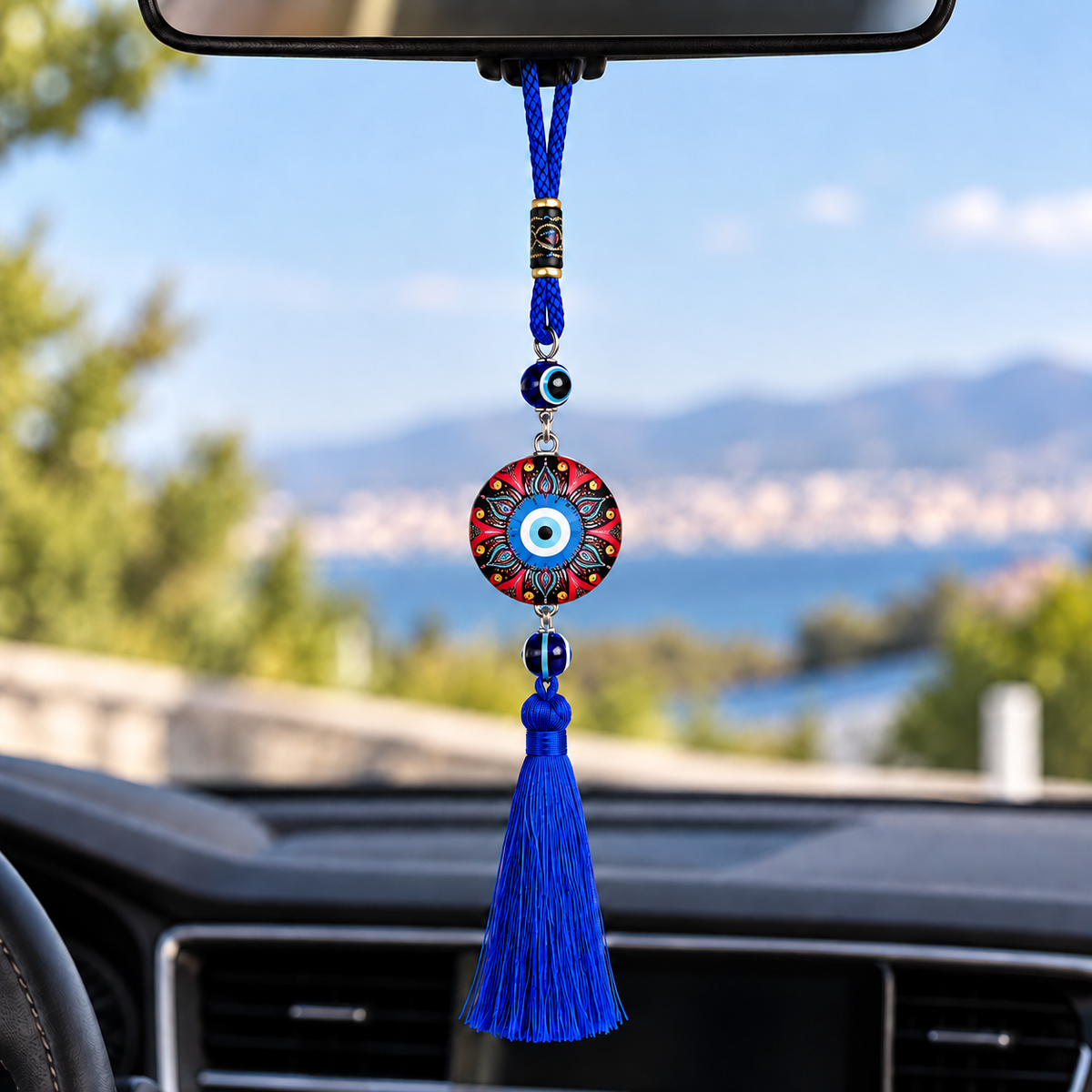 Blue Evil Eye Car Pendant with Tassel – Double-Sided Glass Hanging Charm