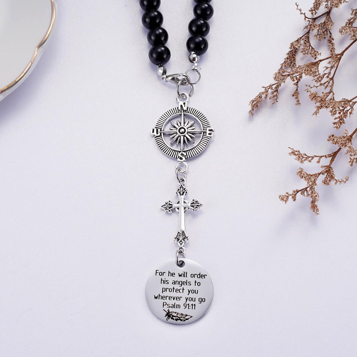 Compass & Cross Car Hanging Pendant — Psalm 91:11