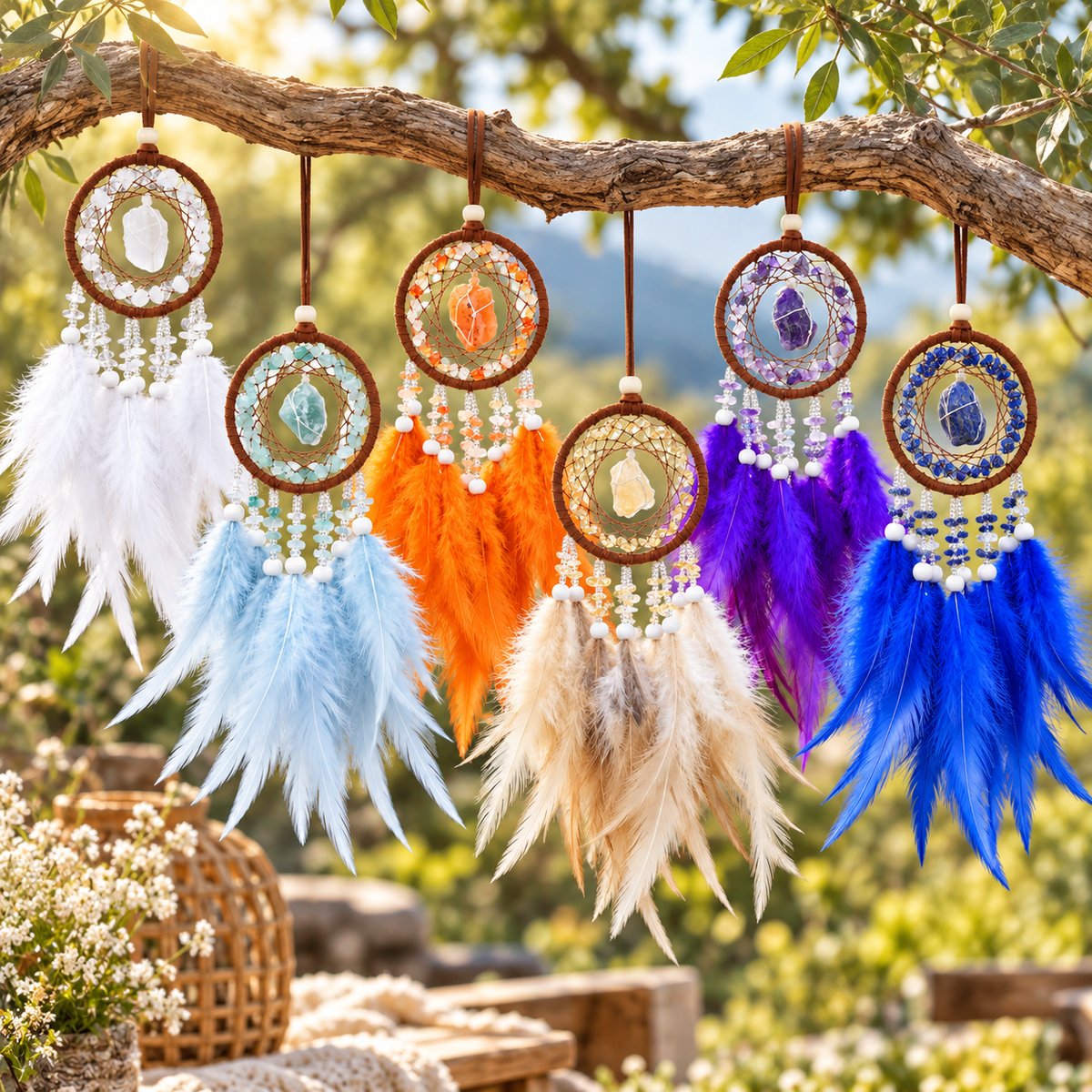 Handmade Mini Boho Dream Catcher Car Pendant with Feathers & Raw Crystal Stones