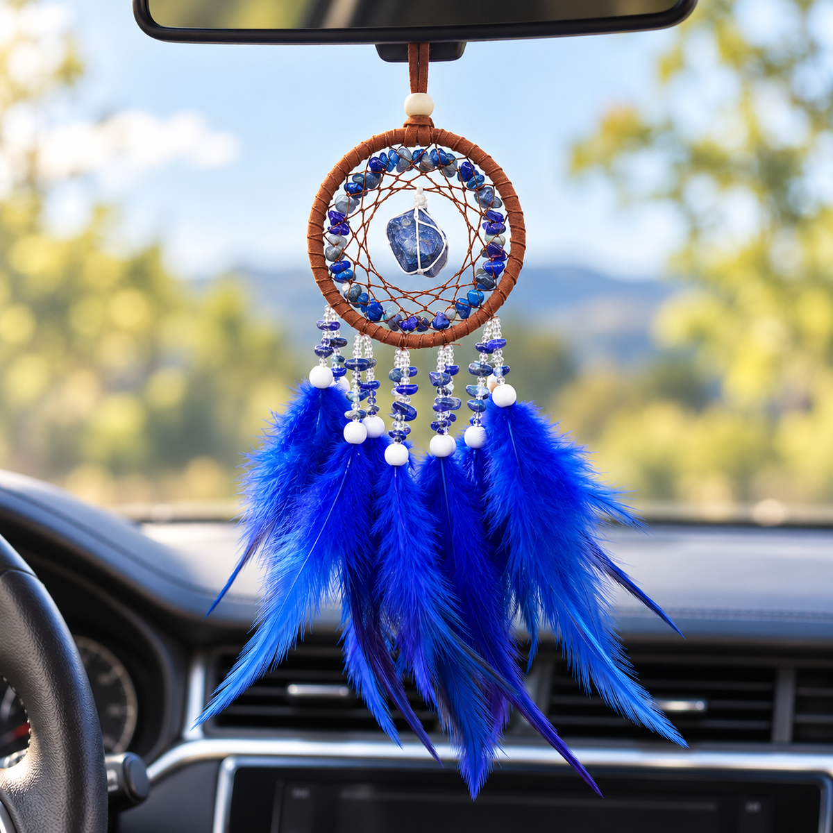 Handmade Mini Boho Dream Catcher Car Pendant with Feathers & Raw Crystal Stones