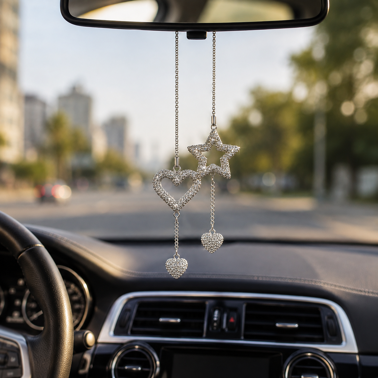 Heart & Star Rhinestone Car Pendant